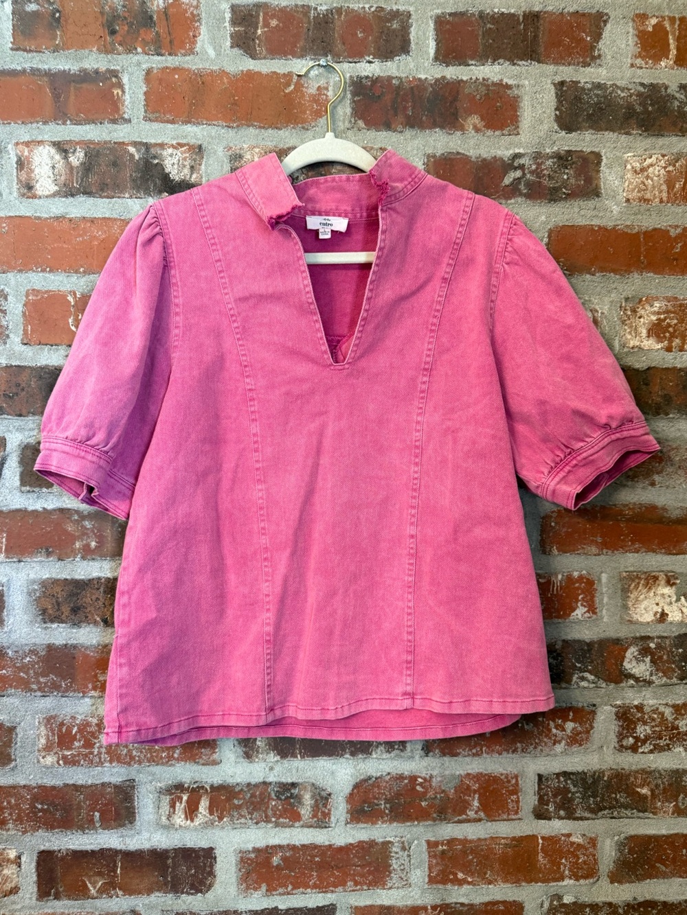 T197 -entro Pink V-Neck Short Puff Sleeve Denim Tunic
